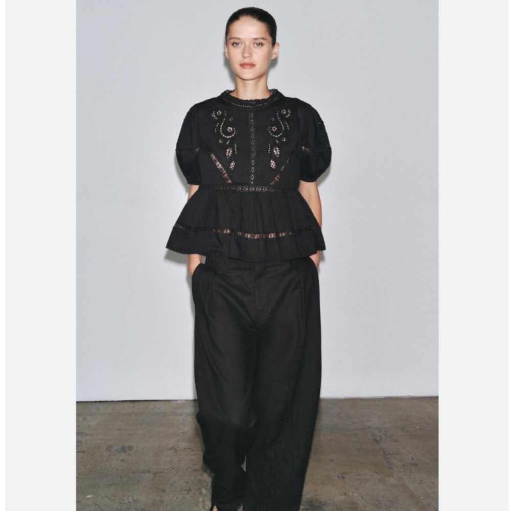Zara Round Neck Short Sleeve Embroidered Romantic Blouse Top Sz:L Black - Picture 8 of 9
